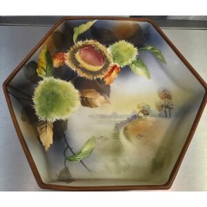 Antique Nippon pre 1921 Hand Painted Porcelain Hexagonal Bowl Chestnut Landscape